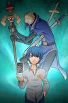  1boy blue_eyes blue_hair card fire_emblem fire_emblem:_mystery_of_the_emblem looking_at_viewer marth persona short_hair solo sword weapon 