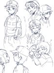  2boys backpack bag baseball_cap capri_pants character_sheet expressions hands_in_pockets hat hau_(pokemon) hug ittunn male_focus male_protagonist_(pokemon_sm) monochrome multiple_boys pants pokemon pokemon_(creature) pokemon_(game) pokemon_sm rowlet shirt short_hair simple_background smile striped striped_shirt sweatdrop t-shirt v white_background z-ring 