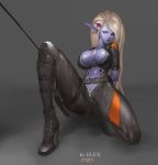  belt blonde_hair blue_eyes blue_lipstick blue_skin breasts collarbone elf flower gluteal_fold hair_flower hair_ornament high_heels highres jayjiwoo_park kneeling lipstick long_hair looking_to_the_side makeup navel pointy_ears restrained skin_tight spread_legs unzipped wet 