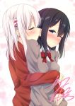  2girls black_hair blue_eyes blush closed_eyes hair_ornament hug hug_from_behind karutamo licking long_hair multiple_girls original ribbon school_uniform suzunari_shizuku sweater tisshu_(karutamo) white_hair yuri 