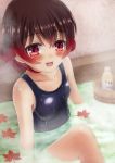  1girl autumn_leaves blush bottle breasts brown_hair bucket highres kantai_collection mutsuki_(kantai_collection) one-piece_swimsuit onsen ootori_(kyoya-ohtori) open_mouth red_eyes school_swimsuit short_hair small_breasts solo swimsuit water 