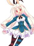 1girl alice_(grimms_notes) alice_(grimms_notes)_(cosplay) animal_ears blush dress grimms_notes hair_ribbon highres kirara_ookami kyuuri_(miyako) long_hair low-tied_long_hair mismatched_legwear open_mouth pop-up_story rabbit_ears red_eyes ribbon smile solo 