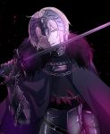  1boy armor black_background cape chain fate/grand_order fate_(series) fur_trim gauntlets genderswap genderswap_(ftm) holding holding_sword holding_weapon looking_at_viewer parted_lips ruler_(fate/apocrypha) short_hair silver_hair smile solo sushimaro sword upper_body weapon yellow_eyes 
