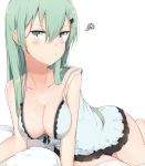  1girl alternate_costume aqua_eyes aqua_hair bare_shoulders breasts cleavage closed_mouth cole collarbone commentary eyebrows hair_between_eyes hair_ornament hairclip kantai_collection large_breasts long_hair looking_at_viewer out_of_frame simple_background solo suzuya_(kantai_collection) white_background 