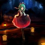  1girl arm_ribbon boots bow dress dress_lift floating_object forest frills front_ponytail full_body green_eyes green_hair hair_bow hair_ribbon highres kagiyama_hina lantern lifted_by_self looking_at_viewer nature night nuqura outdoors parted_lips red_dress ribbon ripples solo standing standing_on_liquid touhou tree wrist_ribbon 
