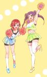  2girls ;d arm_up armpits bike_shorts blue_skirt breasts cheerleader cleavage green_eyes green_skirt highres kneehighs large_breasts long_hair love_live! love_live!_school_idol_project medium_breasts midriff multiple_girls navel nishikino_maki one_eye_closed open_mouth pleated_skirt pom_poms purple_hair redhead shoes short_twintails shorts_under_skirt skirt smile sneakers sweatdrop taka8033 thigh-highs toujou_nozomi twintails violet_eyes white_legwear yellow_background 