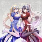  2girls alternate_costume black_legwear blonde_hair blue_eyes braid breasts china_dress chinese_clothes cleavage cleavage_cutout dress fate/grand_order fate_(series) garter_straps headpiece heart_cutout high_heels jeanne_alter long_hair multiple_girls navel navel_cutout ponytail pumps ruler_(fate/apocrypha) side_slit sushimaro thigh-highs white_legwear yellow_eyes 