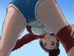  1girl :d artist_name asahina_aoi ass bent_over blue_background blue_eyes blue_shorts blush breasts brown_hair dangan_ronpa dangan_ronpa_1 dark_skin eudetenis from_behind gradient hair_ornament hairclip highres jacket kneepits looking_at_viewer open_mouth ponytail red_jacket shorts signature smile solo spread_legs tank_top 