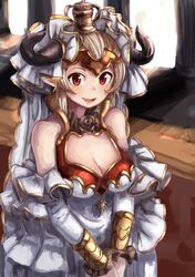  1girl aliza_(granblue_fantasy) breasts bridal_veil cleavage cleavage_cutout detached_sleeves doraf dress gen_(gen_7254) granblue_fantasy horns large_breasts long_hair looking_at_viewer pointy_ears red_eyes silver_hair smile solo veil wedding_dress 