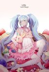  1girl blue_eyes blue_hair blueberry checkerboard_cookie cookie copyright_name food fruit gotmil hatsune_miku kneehighs long_hair lots_of_laugh_(vocaloid) sailor_collar scrunchie sitting socks solo star strawberry stuffed_animal stuffed_bunny stuffed_toy twintails very_long_hair vocaloid 