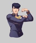  1boy black_hair clenched_hand earrings flexing gakuran grey_eyes heart higashikata_jousuke jewelry jojo_no_kimyou_na_bouken lanxjourney male_focus no_legs pin pompadour pose school_uniform solo stud_earrings upper_body 