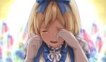  1girl bangs blue_ribbon blue_vest crying djeeta_(granblue_fantasy) gloves granblue_fantasy hair_ribbon kimi_to_boku_no_mirai nishino_(waero) open_mouth ribbon short_hair solo superstar_(granblue_fantasy) tears upper_body vest white_gloves 