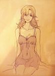  alternate_hairstyle arms_at_sides bangs bare_shoulders blonde_hair blue_eyes bosong_beoseot breasts chemise cleavage closed_mouth collarbone covered_navel hair_down lingerie lips long_hair medium_breasts mercy_(overwatch) nightgown on_bed overwatch pink_lips sitting sitting_on_bed smile underwear 