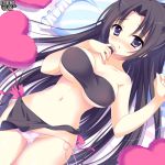  1girl bikini black_bikini black_hair breasts cleavage collarbone from_above heart heart_pillow long_hair looking_at_viewer lying mole mole_under_eye navel on_back pillow side-tie_bikini solo strapless strapless_bikini swimsuit under_boob violet_eyes white_bikini_bottom yuyumatsu 