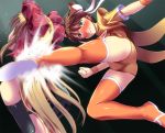  2girls blonde_hair boots bow breasts brown_hair bun_cover cleavage digdug006 double_bun green_eyes hair_bow kanamori_reiko kicking leotard long_hair medium_breasts multiple_girls red_bow short_hair skirt sophia_richards sports_bra thigh-highs thigh_boots twintails wrestle_angels wrestle_angels_survivor wrestle_angels_survivor_2 wrestling wrestling_outfit 