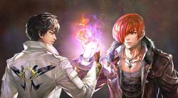  1boy choker hair_over_one_eye jacket kim_yura_(goddess_mechanic) kusanagi_kyou male_focus multiple_boys red_eyes redhead short_hair smile the_king_of_fighters the_king_of_fighters_xiv yagami_iori 