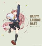  &gt;:d 1girl :d absurdly_long_hair arm_up bouquet bunny_hair_ornament commentary_request confetti crescent crescent_hair_ornament dated flower full_body grey_background hair_ornament kantai_collection long_hair neck_ribbon one_eye_closed one_leg_raised open_mouth pink_eyes pink_hair pleated_skirt ribbon sailor_collar school_uniform skirt smile solo usui_harusame uzuki_(kantai_collection) very_long_hair 