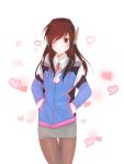  1girl ;o adapted_costume bangs brown_eyes brown_hair brown_legwear bunny_print collared_shirt d.va_(overwatch) dress_shirt eyebrows eyebrows_visible_through_hair facepaint facial_mark grey_skirt hands_in_pockets headphones heart jacket long_hair miniskirt neck_ribbon one_eye_closed overwatch pantyhose pyung red_ribbon ribbon school_uniform shirt simple_background skirt solo spoken_heart swept_bangs whisker_markings white_background white_shirt 