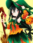  1girl :&gt; armpits asui_tsuyu bare_shoulders black_hair blush_stickers boku_no_hero_academia bow breasts broom chikuwa_savi closed_mouth cowboy_shot detached_sleeves frilled_sleeves frills green_bow green_eyes green_hat hair_between_eyes hair_rings halloween halloween_costume hand_on_headwear hand_up hat holding holding_broom jack-o&#039;-lantern lantern long_hair looking_at_viewer low-tied_long_hair pink_ribbon ribbon signature skirt small_breasts solo strapless striped vertical_stripes witch_hat 