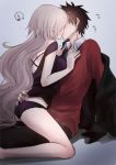  1boy 1girl black_panties black_pants black_shirt blush brown_hair couple fate/grand_order fate_(series) jacket jeanne_alter kiss long_hair long_sleeves male_protagonist_(fate/grand_order) no_pants off_shoulder open_clothes open_jacket panties pants red_shirt ruler_(fate/apocrypha) shirt short_hair short_sleeves silver_hair sushimaro underwear very_long_hair 