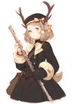  :/ animal_ears antlers bag beret black_coat black_gloves black_hat blue_eyes blush braid brown_hair character_request christmas closed_mouth copyright_request flute gloves hat highres holding_instrument instrument junwool simple_background single_mitten sketch tail 