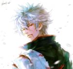  1boy blood blood_from_mouth bloody_clothes from_behind gintama japanese_clothes kim_yura_(goddess_mechanic) light looking_back male_focus motion_blur redhead sakata_gintoki signature silver_hair solo torn_clothes upper_body 