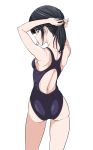  1girl adjusting_hair ashisu_sahoto ass black_hair breasts brown_eyes competition_swimsuit cowboy_shot from_behind highres hiroyuki long_hair looking_back mangaka-san_to_assistant-san_to mouth_hold one-piece_swimsuit sideboob spine swimsuit tying_hair white_background 