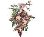  1girl armpits arms_up breasts butterfly cleavage dagger eyepatch flower granblue_fantasy holding holding_weapon jewelry looking_at_viewer lying minaba_hideo necklace on_side red_eyes sandals short_hair sideboob simple_background solo swimsuit weapon white_background white_hair 