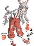  1girl 2016 annoyed bow can character_name collarbone commentary_request dated fujiwara_no_mokou full_body hair_bow hair_ribbon inuno_rakugaki juliet_sleeves leaning_forward long_hair long_sleeves multi-tied_hair open_mouth pants puffy_pants puffy_sleeves red_eyes red_pants red_shoes ribbon shirt shoe_bow shoes silver_hair solo suspenders touhou tress_ribbon very_long_hair white_bow white_shirt 