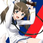  1girl :d animal_ears arms_up bangs blue_eyes blue_ribbon blue_shirt blunt_bangs blush brave_witches breasts brown_hair cat_ears cat_tail dress_shirt flag_background georgette_lemare hair_ornament hair_ribbon jacket long_hair looking_at_viewer military military_uniform nekota_susumu open_mouth panties ribbon shirt smile solo tail twintails underwear uniform weapon white_jacket white_panties white_tail world_witches_series 