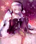  1girl bare_shoulders barefoot blonde_hair choker collarbone fate_(series) gift hat lettucex9 pantyhose saber saber_alter santa_hat snowflakes solo yellow_eyes 