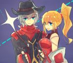  1boy 1girl :3 :d blonde_hair blue_eyes blush excellen_browning fingerless_gloves gloves grey_hair harken_browning hat long_hair miduki66 open_mouth ponytail purple_background smile super_robot_wars super_robot_wars_og_moon_dwellers super_robot_wars_og_saga_mugen_no_frontier super_robot_wars_original_generation thumbs_up upper_body 