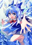  &gt;:d 1girl :d barefoot blue_bow blue_dress blue_eyes blue_hair bow bowtie cirno commentary_request cowboy_shot dress fang hair_between_eyes hair_bow ice ice_wings katayama_kei leg_up open_mouth open_palms outstretched_arm puffy_short_sleeves puffy_sleeves red_bow red_bowtie short_hair short_sleeves smile solo touhou wings 