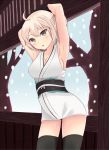  1girl adjusting_hair armpits arms_behind_head black_panties blonde_hair blush breasts cleavage fate_(series) grey_eyes highres koha-ace looking_at_viewer mikami。 obi open_mouth panties panty_peek sakura_saber sash sideboob snow solo thigh-highs thighs tree underwear 