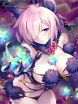  1girl :o animal_costume animal_ears artist_name bare_shoulders between_breasts black_nails blush breasts claws cleavage cowboy_shot elbow_gloves embarrassed fate/grand_order fate_(series) foreshortening fur fur_trim giving gloves hair_over_one_eye kousaki_rui large_breasts lavender_eyes lavender_hair leaning_forward looking_away nail_polish navel o-ring_top open_mouth panties purple_panties quartz shielder_(fate/grand_order) short_hair signature smile solo stellated_octahedron stomach underwear wolf_ears 
