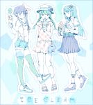  3girls :p ageha_(kyoukai_no_rinne) aqua_eyes aqua_hair arm_behind_back asahi_(uwa) bangs bare_arms belt_pouch blue_border blue_eyes blue_hair border bow braid breasts casual closed_mouth collared_shirt cross-laced_footwear cutout dress_shirt english flower food frills full_body green_eyes green_hair green_legwear hair_bow hairband hat hat_ribbon holding holding_food ice_cream ice_cream_cone ice_cream_spoon kyoukai_no_rinne legs_apart long_hair looking_at_another looking_at_viewer looking_to_the_side mamiya_sakura medium_breasts miniskirt multiple_girls neck_ribbon pants pleated_skirt polka_dot profile purple_hair red_bow ribbon sandals shima_renge shirt shoes short_sleeves shorts side_ponytail sidelocks sketch skirt sleeveless smile sneakers socks soft_serve standing standing_on_one_leg striped suspender_shorts suspenders suspenders_gap thigh-highs tongue tongue_out triple_scoop twin_braids twintails white_pants white_shirt 