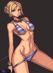  1girl bikini blonde_hair blue_bikini blue_eyes bracelet braid breasts brown_background character_name closers clyde_s commentary_request cowboy_shot halter_top halterneck highres horizontal_stripes jewelry korean looking_at_viewer medium_breasts multicolored_bikini navel necklace short_hair sideboob simple_background solo striped striped_swimsuit swimsuit swimsuit_pull under_boob white_bikini 