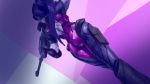  1girl aiming ass back_opening bodysuit cowboy_shot dutch_angle from_below gloves gun head_mounted_display highres holding holding_weapon long_hair looking_away overwatch ponytail purple_background purple_hair purple_skin rifle sketch sniper_rifle solo visor wallpaper weapon widowmaker_(overwatch) zymv587 