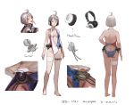 ahoge ass bare_legs character_name character_sheet close-up concept_art full_body hand_on_hip headphones headset highres insignia jeanex looking_at_viewer pacific personification shirt smile swimsuit thigh_strap uss_sculpin_(ss-191) valve white_background white_hair white_shirt yellow_eyes 