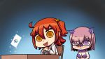  2girls adapted_costume ahoge alternate_costume animal_ears blush chair commentary_request embarrassed fate/grand_order fate_(series) female_protagonist_(fate/grand_order) glasses multiple_girls official_style open_mouth orange_eyes orange_hair persona persona_5 purple_hair riyo_(lyomsnpmp)_(style) shielder_(fate/grand_order) short_hair sitting table violet_eyes yai_eirin 