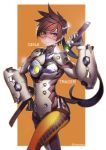  1girl armor bangosu bangs bodysuit breasts brown_eyes brown_hair closed_mouth cowboy_shot cross-laced_clothes cross-laced_legwear genji_(overwatch) goggles hand_up harness headband holding holding_sword holding_weapon katana overwatch pants power_armor scabbard sheath sheathed short_hair solo spiky_hair strap swept_bangs sword thigh_strap tight tight_pants tracer_(overwatch) twitter_username vambraces weapon 