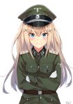  1girl belt blonde_hair blue_eyes blush brown_belt commentary_request crossed_arms emblem epaulettes eyebrows eyebrows_visible_through_hair gloves hair_between_eyes hair_ornament hairclip hat highres iron_cross karo-chan long_hair long_sleeves looking_at_viewer medal military military_hat military_uniform nazi original peaked_cap reichsadler sigrunen simple_background smile solo straight_hair totenkopf uniform waffen-ss white_background white_gloves world_war_ii 