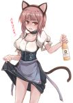  1girl alcohol anchor_symbol animal_ears apron auburn_hair beer_bottle bottle breasts brown_eyes cat_ears cat_tail choker collarbone commentary_request cowboy_shot dress dress_lift drunk fake_animal_ears holding holding_bottle iron_cross kantai_collection lifted_by_self looking_at_viewer lowenbrau medium_breasts oktoberfest open_mouth product_placement puffy_short_sleeves puffy_sleeves round_teeth short_hair short_sleeves sidelocks simple_background solo tail teeth translation_request underbust white_background yumesato_makura z3_max_schultz_(kantai_collection) 
