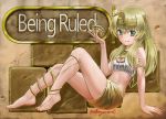  1girl abazu-red anklet armlet barefoot blonde_hair carpaccio chalice cleavage_cutout egyptian feet girls_und_panzer green_eyes hair_ornament hairband jewelry legband legs long_hair looking_at_viewer midriff necklace nose_art shirt skirt snake solo twitter_username uraeus white_shirt yellow_skirt 