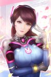  1girl alternate_breast_size alternate_eye_color artist_name bangs bodysuit bracer breasts brown_hair bunny_print closed_mouth d.va_(overwatch) eyelashes facepaint facial_mark gloves hand_to_head hand_up headphones large_breasts lips lipstick long_hair long_sleeves looking_at_viewer makeup overwatch pauldrons pilot_suit pink_lipstick ribbed_bodysuit shoulder_pads skin_tight smile solo symbol-shaped_pupils turtleneck upper_body violet_eyes whisker_markings white_gloves 