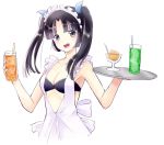  1girl :d alternate_hairstyle apron bangs bare_arms bikini_top black_eyes black_hair blue_ribbon blush breasts cleavage collarbone cup drink drinking_glass drinking_straw food frilled_apron frills hair_ribbon holding holding_drinking_glass holding_tray ice ice_cream ice_cream_cup ice_cube kyou_(karankoron) kyoukai_no_rinne long_hair looking_at_viewer maid_headdress medium_breasts open_mouth orange_juice parted_bangs ribbon shima_renge simple_background smile solo spoon tray twintails upper_body waitress white_apron 