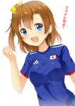  1girl 2014 adidas blue_shirt bow brown_hair hair_bow japanese_flag kousaka_honoka love_live! love_live!_school_idol_project ok-ray one_side_up shirt simple_background soccer solo upper_body white_background world_cup yellow_bow 