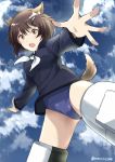  1girl :o ahoge animal_ears blush brave_witches breasts brown_eyes brown_hair clouds cloudy_sky commentary_request flying hair_ornament hairclip karibuchi_hikari looking_at_viewer military open_mouth outstretched_arm ribbon school_swimsuit school_uniform serafuku short_hair sky solo somechime_(sometime1209) squirrel_ears squirrel_tail striker_unit surprised sweatdrop swimsuit swimsuit_under_clothes tail teeth twitter_username white_ribbon world_witches_series 