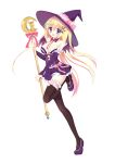  1girl ange_vierge black_legwear blonde_hair breasts cleavage collar detached_sleeves dress female hair_ornament hat large_breasts long_hair purple_dress simple_background solo staff strapless strapless_dress thigh-highs white_background witch_hat yuyumatsu 
