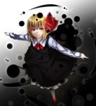  1girl black_skirt black_vest blonde_hair bow bowtie breasts closed_mouth collared_shirt darkness fang foreshortening frilled_skirt frills from_above full_body hair_ribbon looking_at_viewer looking_up ototobe outstretched_arms red_bow red_bowtie red_eyes red_ribbon red_shoes ribbon rumia shirt shoes short_hair skirt skirt_set small_breasts solo touhou white_shirt 